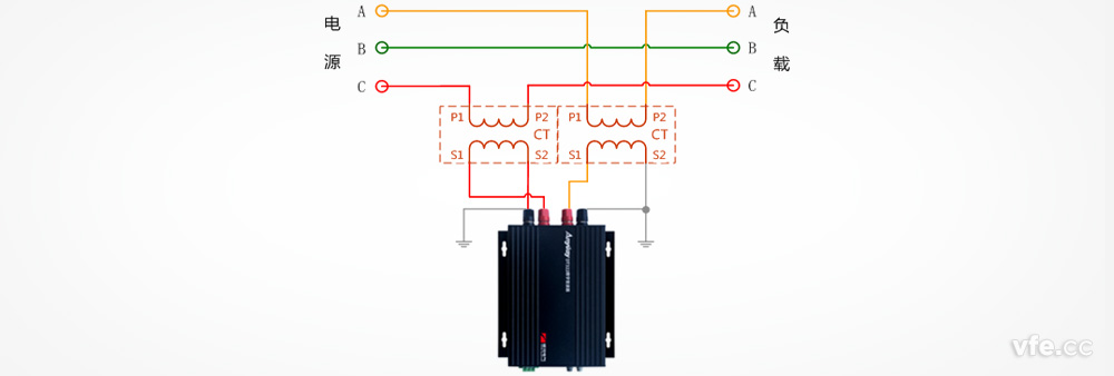 DT122數(shù)字變送器與兩個(gè)單相電流互感器測量三相電壓接線圖